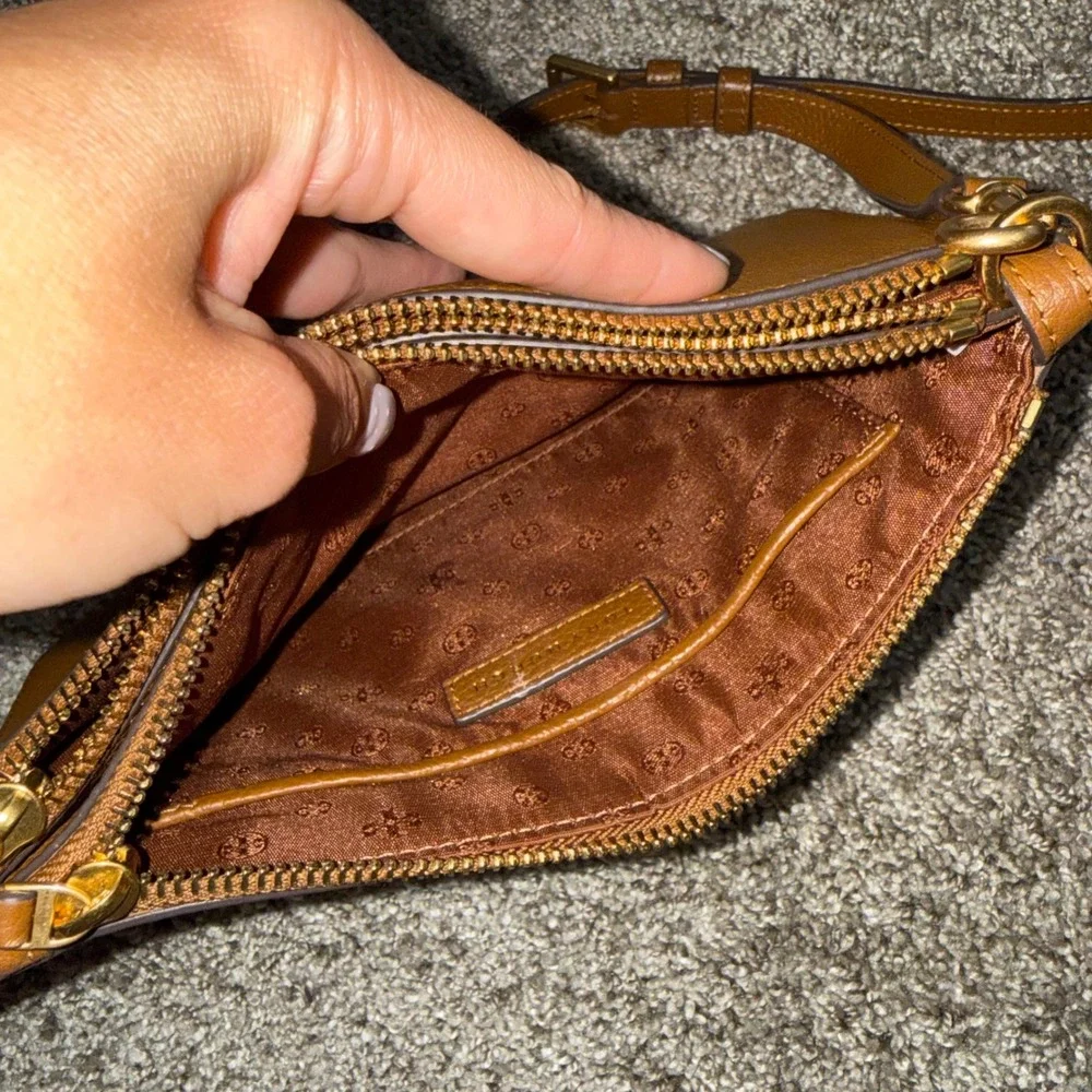 Tory Burch Crossbody Bag Womens Small Tan Fair Pebbled Leather Triple Zip Miller